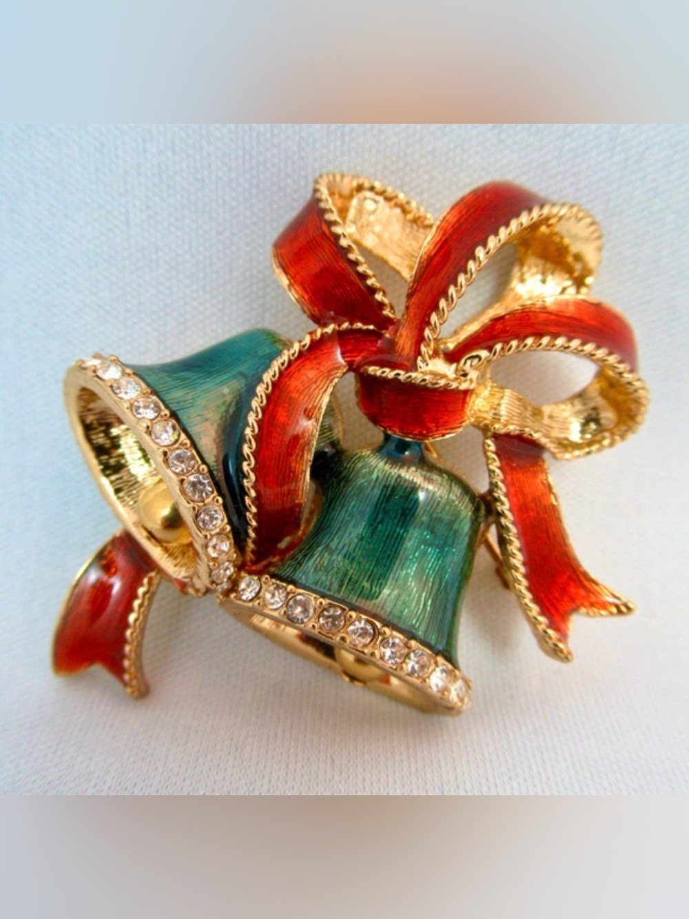 Monet Vintagd Christmas Bells Brooch Pin Red & Green Enamel Rhinestone Trim